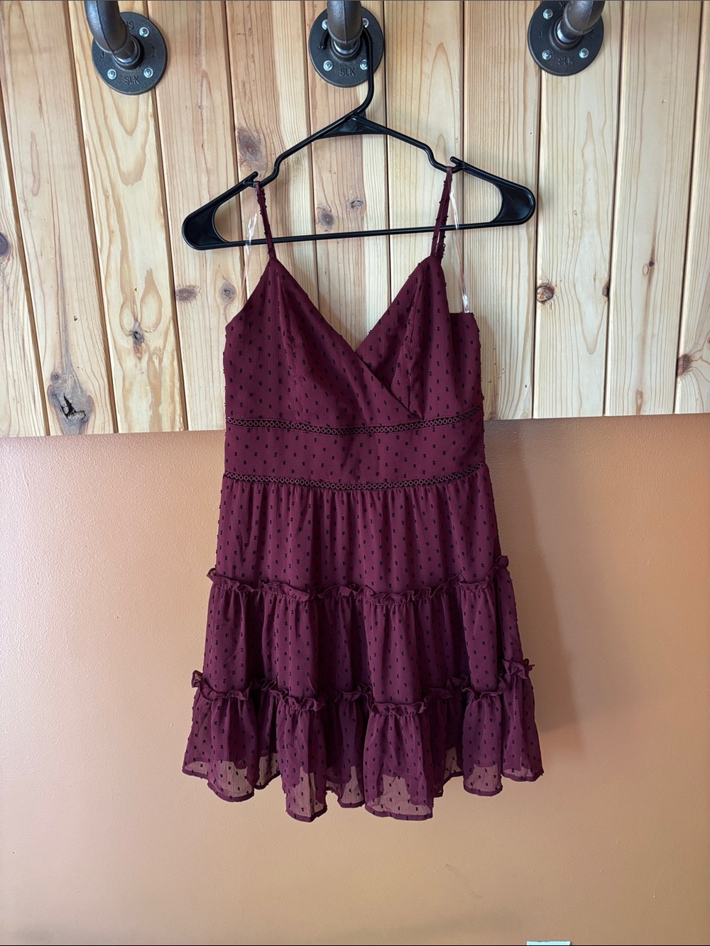 Altar'd State Plum Burgundy Dress with Black Dot Texture